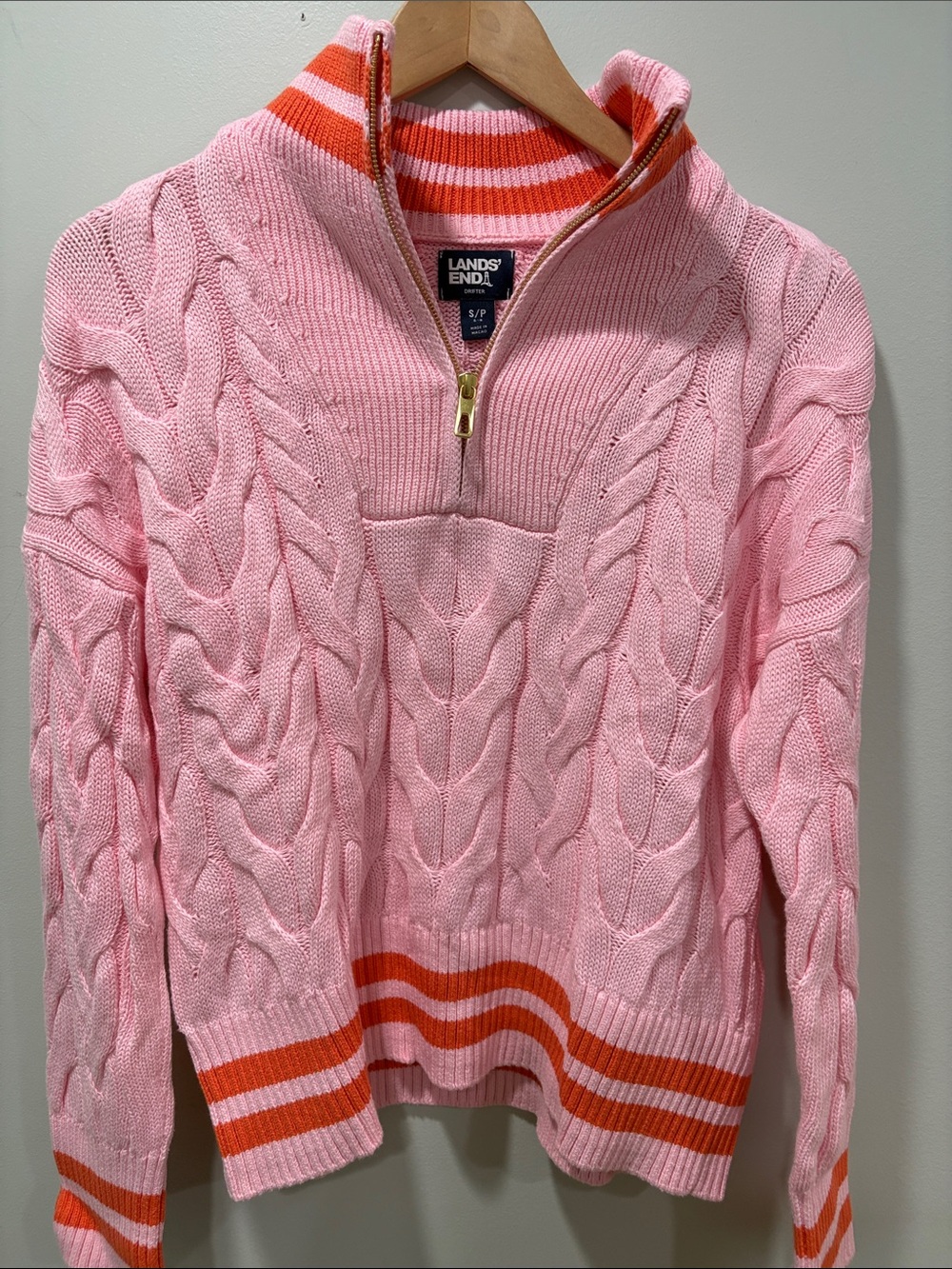 Lands' End Pink Cable-Knit Half-Zip Sweater with Orange Striped Trim. BRAND NEW!